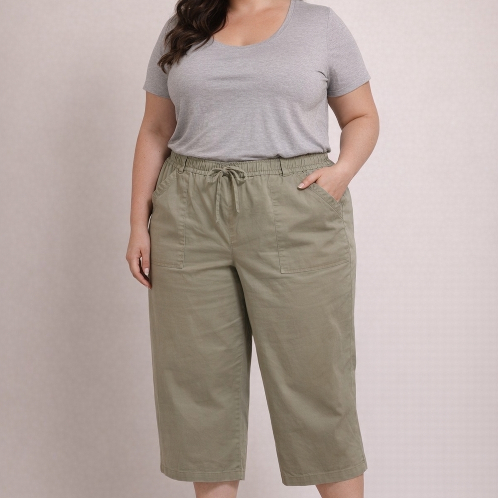Ava & Viv Olive Green Capri Pants Size 3X Plus Elastic Waist Cotton StretchNew